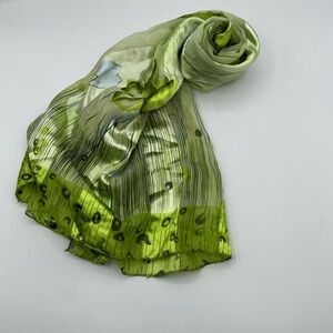 Classy Green Silk Scarf with Hints of Light Blue Flowers